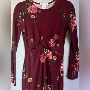 Planet Gold Burgundy Twist Front Floral Long Sleeve Bodycon Dress